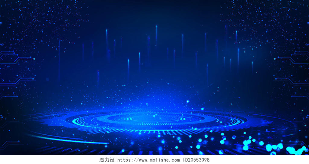 蓝色科技感粒子圆圈齿轮展台数据信息渐变背景粒子科技背景